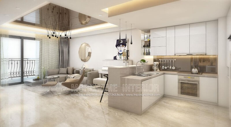 Ở căn hộ chung cư nhỏ này, KTS đã giới thiệu tói gia chủ mẫu tủ bếp gỗ Acrylic tận dụng được tối đa mọi góc khuất của căn phòng, tạo cảm giác thoáng đãng và rộng rãi hơn Thiết kế và sản xuất tủ bếp đẹp