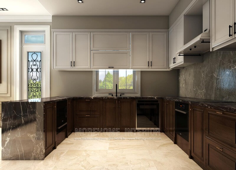 Thiết kế tủ bếp biệt thự song lập Vinhomes RiverSide sang trọng Tủ bếp gỗ, tủ bếp gỗ tự nhiên, tủ bếp tân cổ điển