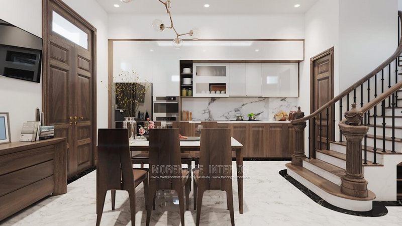 Lựa chọn đá lát sàn màu trắng giúp không gian phòng bếp trông sạch sẽ và thoáng mát hơn