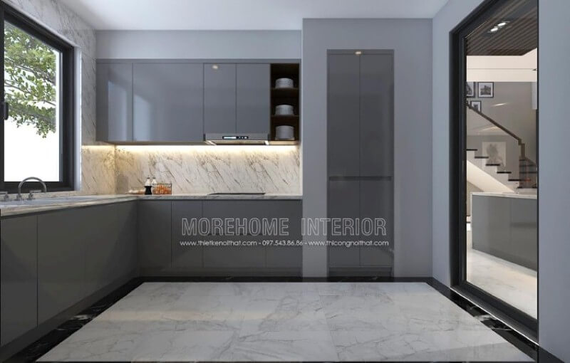 Tủ bếp đẹp, sang trọng ấn tượng với chất liệu gỗ acrylic màu xám độc đáo.