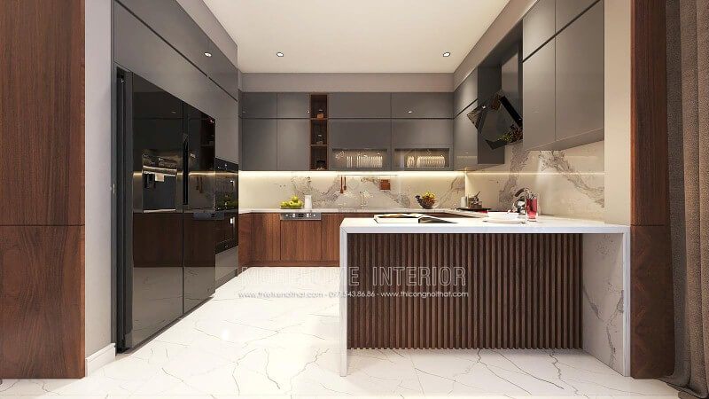 Bố trí nội thất phòng bếp đẹp từ gỗ laminate cao cấp kết hợp cùng đá ốp bếp sang trọng.