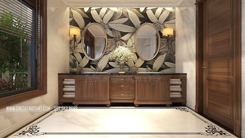 Mẫu tủ lavabo bằng gỗ óc chó đẹp sang trọng cho phòng tắm, nhà vệ sinh biệt thự tân cổ điển Vinhomes Greenbay Hà Nội