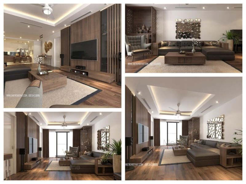 Thiết kế nội thất phòng khách chung cư đẹp với bộ bàn ghế sofa gỗ óc chó bọc da thượng hạng