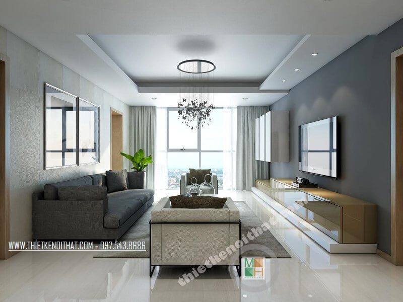 Mẫu thiết kế nội thất chung cư đơn giản với bộ sofa vải hiện đại tạo điểm nhấn nổi bật cho căn phòng.