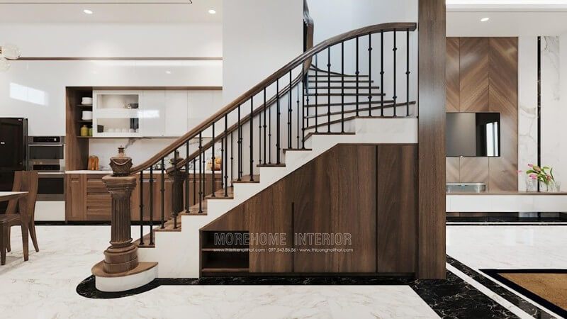Thiết kế nội thất biệt thự gỗ đẹp với mẫu cầu thang gỗ sang trọng hiện đại