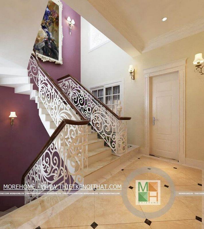 Mẫu cầu thang tay vịn gỗ đẹp cho nhà biệt thự