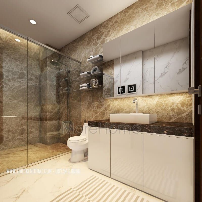 Để có không gian thoáng và dễ dàng vệ sinh, hãy lựa chọn đá ốp sàn và tường cho phòng tắm để làm cho không gian trở nên rộng hơn.