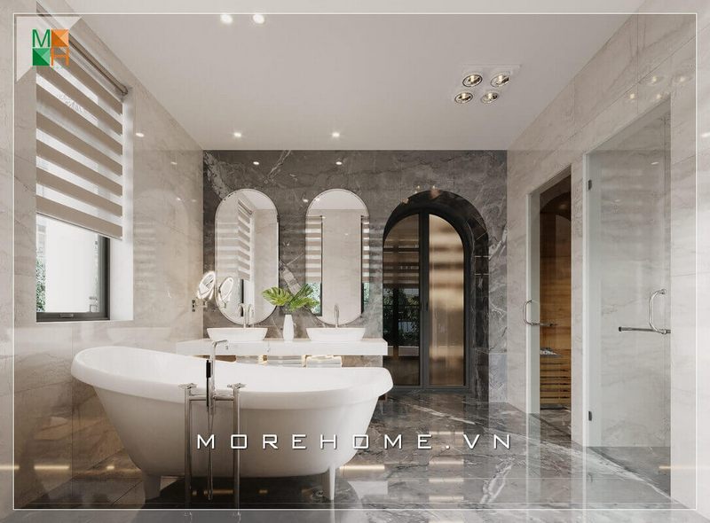 Mẫu thiết kế nội thất phòng tắm 2 gương lớn hình bầu giục rất hiện đại và sang trọng.