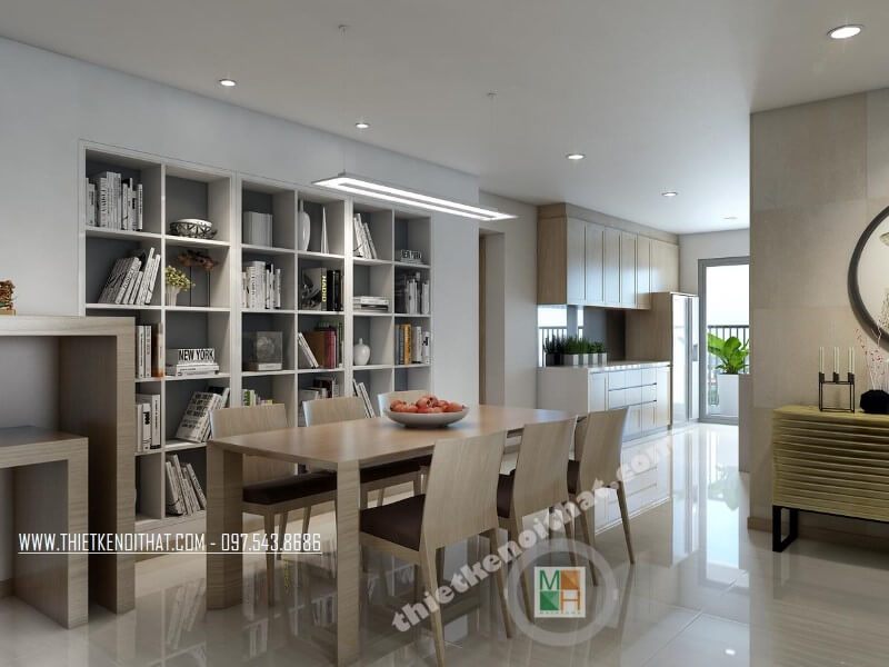 Những tủ âm tường cách tân, giá sách và kệ được thiết kế độc đáo để tối ưu hóa không gian trong phòng ăn, cùng với sự hỗ trợ của kiến trúc sư, đảm bảo tính công năng của sản phẩm.